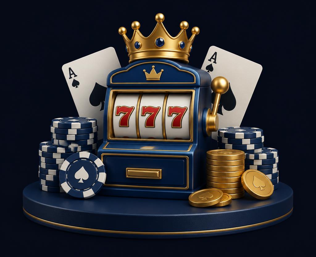 Slot machine with 777 reels, a crown, playing cards, poker chips and gold coins